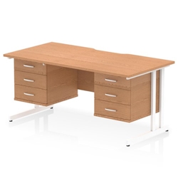 Impulse 1600 x 800mm Scalloped Edge Straight Office Desk Oak Top White Cantilever Leg Workstation 2 x 3 Drawer Fixed Pedestal