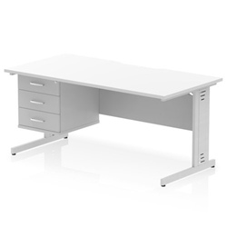Impulse 1600 x 800mm Scalloped Edge Straight Office Desk White Top Silver Cable Managed Leg Workstation 1 x 3 Drawer Fixed Pedestal