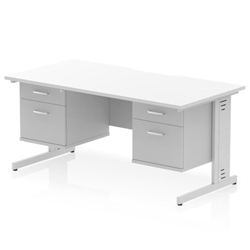 Impulse 1600 x 800mm Scalloped Edge Straight Office Desk White Top Silver Cable Managed Leg Workstation 2 x 2 Drawer Fixed Pedestal