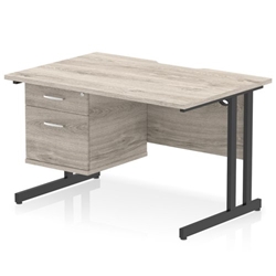 Impulse 1200 x 800mm Scalloped Edge Straight Office Desk Grey Oak Top Black Cantilever Leg Workstation 1 x 2 Drawer Fixed Pedestal