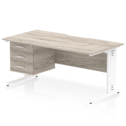 Impulse 1600 x 800mm Scalloped Edge Straight Office Desk Grey Oak Top White Cable Managed Leg Workstation 1 x 3 Drawer Fixed Pedestal