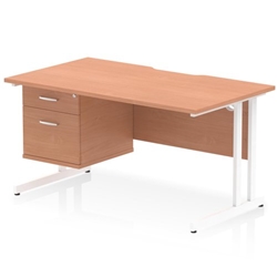 Impulse 1400 x 800mm Scalloped Edge Straight Office Desk Beech Top White Cantilever Leg Workstation 1 x 2 Drawer Fixed Pedestal