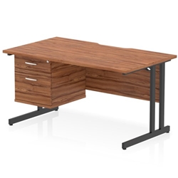 Impulse 1400 x 800mm Scalloped Edge Straight Office Desk Walnut Top Black Cantilever Leg Workstation 1 x 2 Drawer Fixed Pedestal