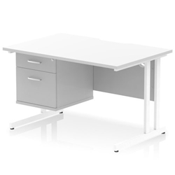 Impulse 1200 x 800mm Scalloped Edge Straight Office Desk White Top White Cantilever Leg Workstation 1 x 2 Drawer Fixed Pedestal