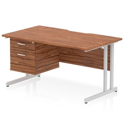 Impulse 1400 x 800mm Scalloped Edge Straight Office Desk Walnut Top Silver Cantilever Leg Workstation 1 x 2 Drawer Fixed Pedestal