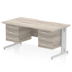 Impulse 1600 x 800mm Scalloped Edge Straight Office Desk Grey Oak Top Silver Cable Managed Leg Workstation 2 x 3 Drawer Fixed Pedestal