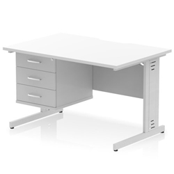 Impulse 1200 x 800mm Scalloped Edge Straight Office Desk White Top Silver Cable Managed Leg Workstation 1 x 3 Drawer Fixed Pedestal