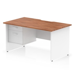 Impulse 1400 x 800mm Scalloped Edge Straight Office Desk Walnut Top White Panel End Leg Workstation 1 x 2 Drawer Fixed Pedestal