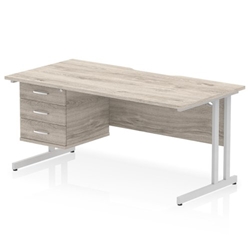 Impulse 1600 x 800mm Scalloped Edge Straight Office Desk Grey Oak Top Silver Cantilever Leg Workstation 1 x 3 Drawer Fixed Pedestal