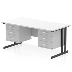 Impulse 1600 x 800mm Scalloped Edge Straight Office Desk White Top Black Cantilever Leg Workstation 2 x 3 Drawer Fixed Pedestal