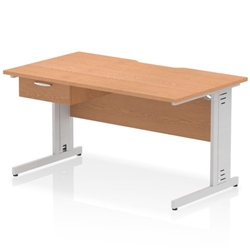 Impulse 1400 x 800mm Scalloped Edge Straight Office Desk Oak Top Silver Cable Managed Leg Workstation 1 x 1 Drawer Fixed Pedestal