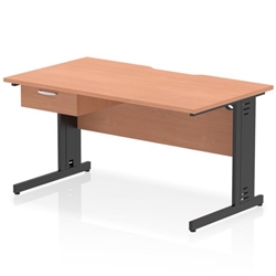 Impulse 1400 x 800mm Scalloped Edge Straight Office Desk Beech Top Black Cable Managed Leg Workstation 1 x 1 Drawer Fixed Pedestal