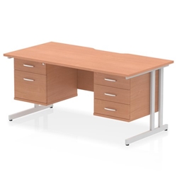Impulse 1600 x 800mm Scalloped Edge Straight Office Desk Beech Top Silver Cantilever Leg Workstation 1 x 2 Drawer 1 x 3 Drawer Fixed Pedestal