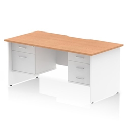 Impulse 1600 x 800mm Scalloped Edge Straight Office Desk Oak Top White Panel End Leg Workstation 1 x 2 Drawer 1 x 3 Drawer Fixed Pedestal