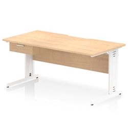 Impulse 1600 x 800mm Scalloped Edge Straight Office Desk Maple Top White Cable Managed Leg Workstation 1 x 1 Drawer Fixed Pedestal