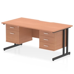 Impulse 1600 x 800mm Scalloped Edge Straight Office Desk Beech Top Black Cantilever Leg Workstation 1 x 2 Drawer 1 x 3 Drawer Fixed Pedestal