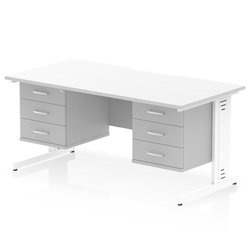 Impulse 1600 x 800mm Scalloped Edge Straight Office Desk White Top White Cable Managed Leg Workstation 2 x 3 Drawer Fixed Pedestal