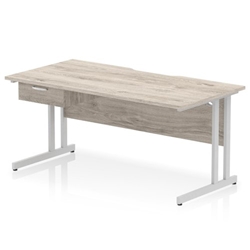 Impulse 1600 x 800mm Scalloped Edge Straight Office Desk Grey Oak Top Silver Cantilever Leg Workstation 1 x 1 Drawer Fixed Pedestal