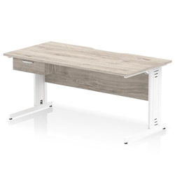 Impulse 1600 x 800mm Scalloped Edge Straight Office Desk Grey Oak Top White Cable Managed Leg Workstation 1 x 1 Drawer Fixed Pedestal