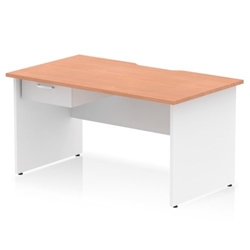 Impulse 1400 x 800mm Scalloped Edge Straight Office Desk Beech Top White Panel End Leg Workstation 1 x 1 Drawer Fixed Pedestal