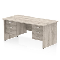 Impulse 1600 x 800mm Scalloped Edge Straight Office Desk Grey Oak Top Panel End Leg Workstation 2 x 3 Drawer Fixed Pedestal