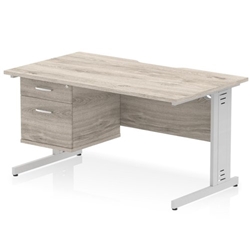 Impulse 1400 x 800mm Scalloped Edge Straight Office Desk Grey Oak Top Silver Cable Managed Leg Workstation 1 x 2 Drawer Fixed Pedestal