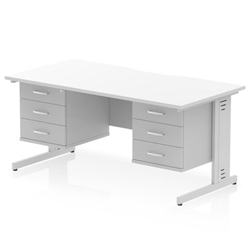 Impulse 1600 x 800mm Scalloped Edge Straight Office Desk White Top Silver Cable Managed Leg Workstation 2 x 3 Drawer Fixed Pedestal