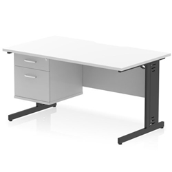 Impulse 1400 x 800mm Scalloped Edge Straight Office Desk White Top Black Cable Managed Leg Workstation 1 x 2 Drawer Fixed Pedestal
