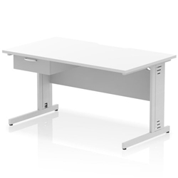 Impulse 1400 x 800mm Scalloped Edge Straight Office Desk White Top Silver Cable Managed Leg Workstation 1 x 1 Drawer Fixed Pedestal