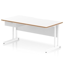 Oslo 1600 x 800mm Scalloped Edge Straight Office Desk White Top Natural Wood Edge White Cantilever Leg Workstation 1 x 1 Drawer Fixed Pedestal