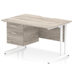 Impulse 1200 x 800mm Scalloped Edge Straight Office Desk Grey Oak Top White Cantilever Leg Workstation 1 x 2 Drawer Fixed Pedestal