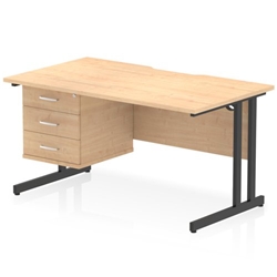 Impulse 1400 x 800mm Scalloped Edge Straight Office Desk Maple Top Black Cantilever Leg Workstation 1 x 3 Drawer Fixed Pedestal