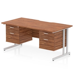 Impulse 1600 x 800mm Scalloped Edge Straight Office Desk Walnut Top Silver Cantilever Leg Workstation 2 x 2 Drawer Fixed Pedestal