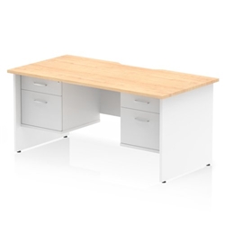 Impulse 1600 x 800mm Scalloped Edge Straight Office Desk Maple Top White Panel End Leg Workstation 2 x 2 Drawer Fixed Pedestal