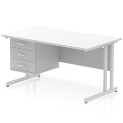 Impulse 1400 x 800mm Scalloped Edge Straight Office Desk White Top Silver Cantilever Leg Workstation 1 x 3 Drawer Fixed Pedestal