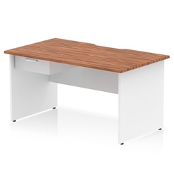 Impulse 1400 x 800mm Scalloped Edge Straight Office Desk Walnut Top White Panel End Leg Workstation 1 x 1 Drawer Fixed Pedestal