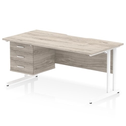 Impulse 1600 x 800mm Scalloped Edge Straight Office Desk Grey Oak Top White Cantilever Leg Workstation 1 x 3 Drawer Fixed Pedestal