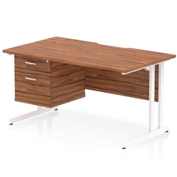 Impulse 1400 x 800mm Scalloped Edge Straight Office Desk Walnut Top White Cantilever Leg Workstation 1 x 2 Drawer Fixed Pedestal