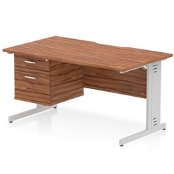 Impulse 1400 x 800mm Scalloped Edge Straight Office Desk Walnut Top Silver Cable Managed Leg Workstation 1 x 2 Drawer Fixed Pedestal