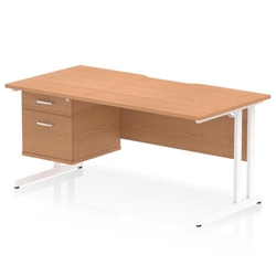 Impulse 1600 x 800mm Scalloped Edge Straight Office Desk Oak Top White Cantilever Leg Workstation 1 x 2 Drawer Fixed Pedestal