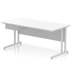 Impulse 1600 x 800mm Scalloped Edge Straight Office Desk White Top Silver Cantilever Leg Workstation 1 x 1 Drawer Fixed Pedestal