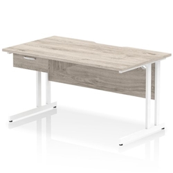 Impulse 1400 x 800mm Scalloped Edge Straight Office Desk Grey Oak Top White Cantilever Leg Workstation 1 x 1 Drawer Fixed Pedestal