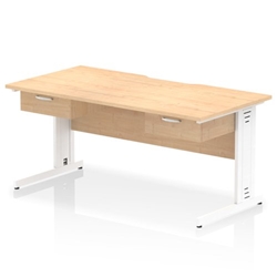 Impulse 1600 x 800mm Scalloped Edge Straight Office Desk Maple Top White Cable Managed Leg Workstation 2 x 1 Drawer Fixed Pedestal