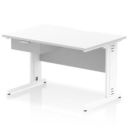 Impulse 1200 x 800mm Scalloped Edge Straight Office Desk White Top White Cable Managed Leg Workstation 1 x 1 Drawer Fixed Pedestal