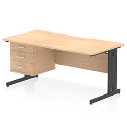 Impulse 1600 x 800mm Scalloped Edge Straight Office Desk Maple Top Black Cable Managed Leg Workstation 1 x 3 Drawer Fixed Pedestal