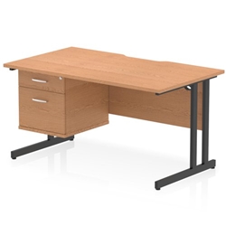 Impulse 1400 x 800mm Scalloped Edge Straight Office Desk Oak Top Black Cantilever Leg Workstation 1 x 2 Drawer Fixed Pedestal