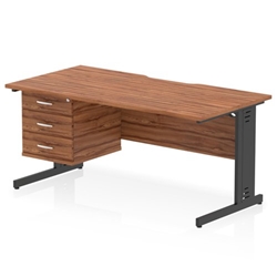 Impulse 1600 x 800mm Scalloped Edge Straight Office Desk Walnut Top Black Cable Managed Leg Workstation 1 x 3 Drawer Fixed Pedestal