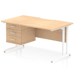 Impulse 1400 x 800mm Scalloped Edge Straight Office Desk Maple Top White Cantilever Leg Workstation 1 x 3 Drawer Fixed Pedestal