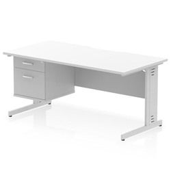 Impulse 1600 x 800mm Scalloped Edge Straight Office Desk White Top Silver Cable Managed Leg Workstation 1 x 2 Drawer Fixed Pedestal