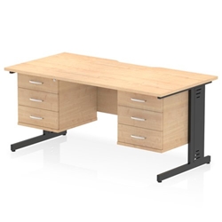 Impulse 1600 x 800mm Scalloped Edge Straight Office Desk Maple Top Black Cable Managed Leg Workstation 2 x 3 Drawer Fixed Pedestal